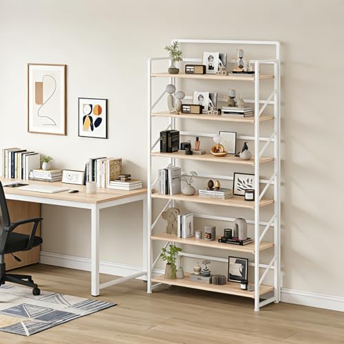 Image of JSB Folding Bookshelf,Industrial Storage Shelves, No Assembly Vintage Wood Look Bookshelf with Storage Shelves for Living Room, Bedroom, Office (White, Wide 6-Tier)