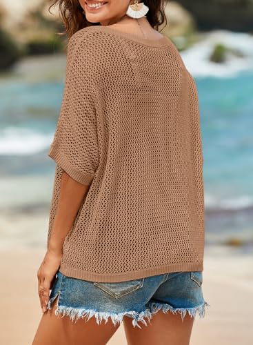 Image of Dokotoo Womens Floral Fashion Summer Tops 2026 Short Sleeve Crochet Sweaters Swimsuit Cover Ups Lightweight Knit Pullover