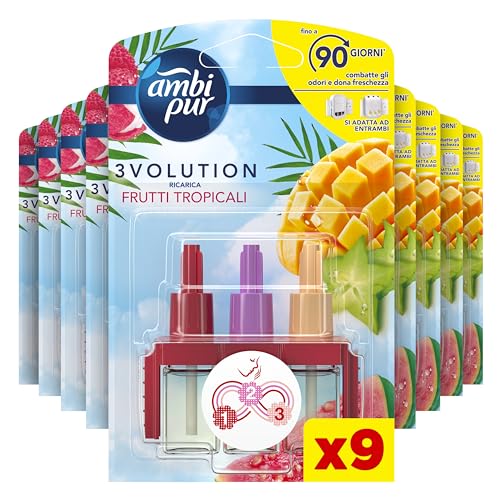 Ambi Pur 3Volution Frutti Tropical - Recarga desodorante para ambientes con difusor eléctrico de 20 ml, 3 fragancias diferentes para eliminar los olores, 9 unidades