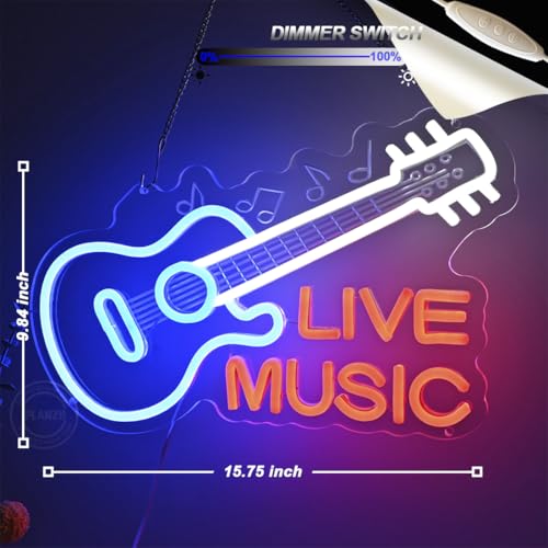 Image of Planzo Guitar Neon Sign Live Music LED Neon Light Record Studio Wall Decor | Music Room Night Club Neon Decor, Beer Bar Business Store Wall Sign Decor, Birthday Christmas Gift, USB, 15.75 inchX9.84 inch