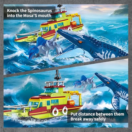 Image of 3 in 1 Sea Dinosaur Building Blocks Kit Set, Compatible with Lego Dinosaur World Park Spinosaurus Mosasaurus Discovery Crossing Ocean World Building Set, Boat STEM Toys Gift Kids Adults Boys Age 8-12
