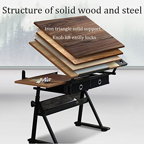 Drafting Desk, Drawing Table Drawing Desk Craft Station Drafting Table, Tiltable Tabletop, Height/Tiltable Djustable, 2 Storage Drawers, for Writing A