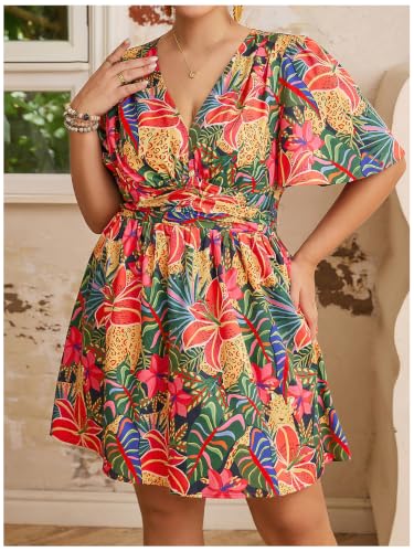 Image of Floerns Women's Plus Size Printed V Neck Short Sleeve Ruffle Hem Summer Short Dresses