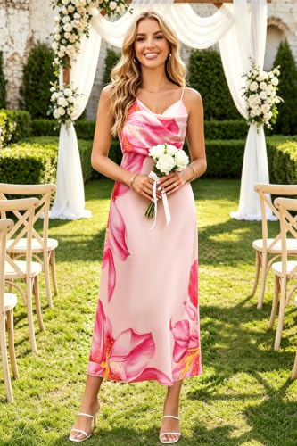 Image of Women's Summer Satin Dress Elegant Cowl Neck Adjustable Spaghetti Strap Wedding Guest Cocktail Party Maxi Dresses