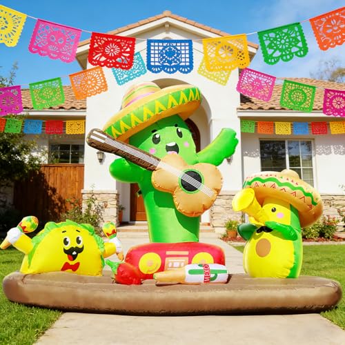 DomKom 6FT Cinco De Mayo Inflatables Fiesta Party Blow up Outdoor Decorations Cactus Avocado Taco Mexican Party May 5 Sombreros Built-in LEDs Light Fiesta Maracas for Garden Lawn Yard