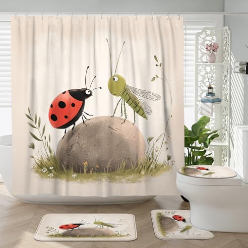 DESIHOM 4PCS Cartoon Kids Ladybug Shower Curtain Sets with Non-Slip Rug, U Shape and Toilet Lid Cover Mat, Anime Fun Insect Home Decor, Bathroom Accessory with 12 Hooks