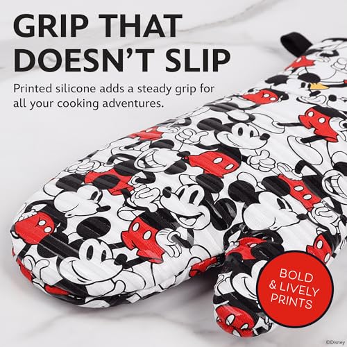 Image of Disney Silicone Oven Mitts Heat Resistant - Set of 2 Long Cuff Cotton Kitchen Mitts with Silicone Grip Stripes, Cute Oven Mitts & Pot Holders for Cooking, Baking & Kitchen Essentials- Mickey