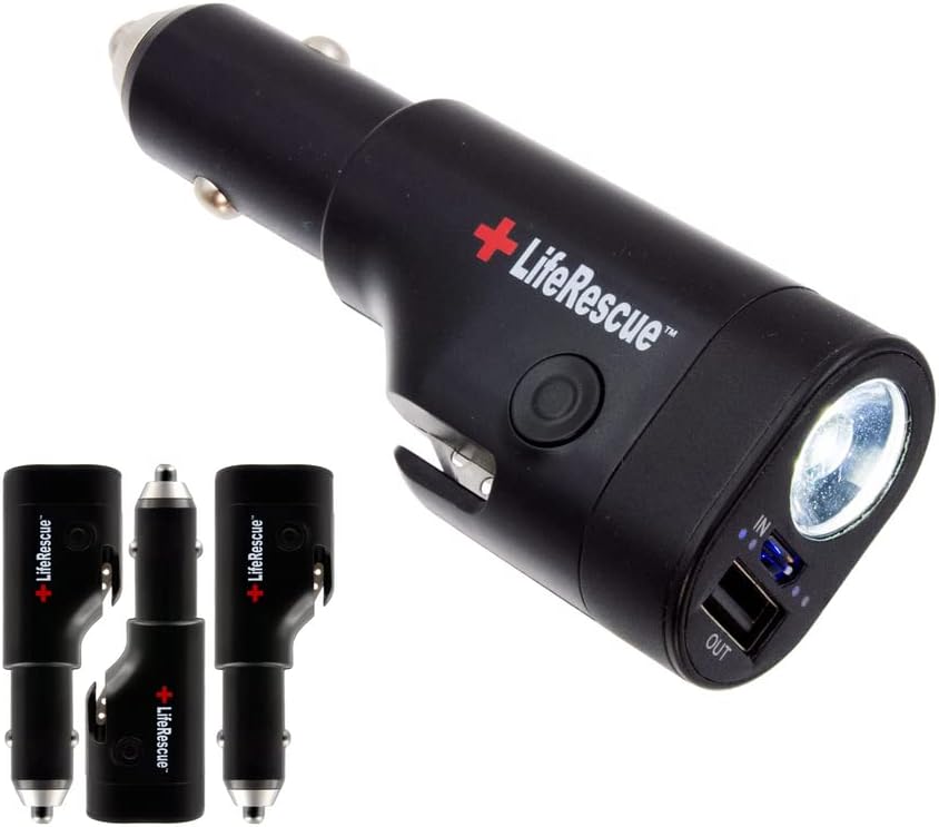 LifeRescue Herramienta de extracción de emergencia automática 6 en 1 y luz de emergencia LED cortador de cinturón de seguridad interruptor de vidrio