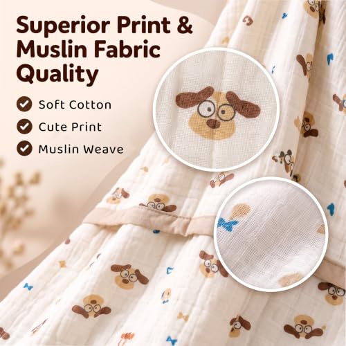 Image of StarAndDaisy Muslin Cotton Blanket 110 x 110 cm, Soft Lightweight Blanket with Cute Puppy Print, Breathable Muslin Wrap for Newborns, Infants and Toddlers.