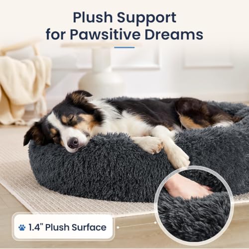 Image of JOLLYVOGUE Calming Washable Dog Beds Large Sized Dog, 36Inch Donut Large Dog Bed with Removable Cover, Anti-Slip Round Fluffy Faux Fur Bed, Fits up to 80 lbs Pets, Dark Grey
