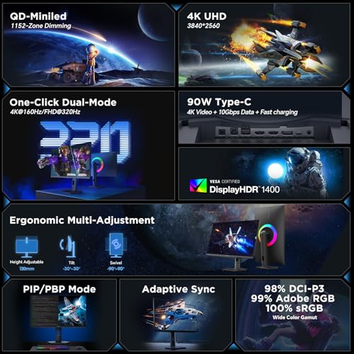 Image of KOORUI 27 inch 4K QD-Mini LED Gaming Monitor - Dual-Mode (UHD 160Hz or FHD 320Hz), 1ms, 99% Adobe RGB, HDR1400, 90W USB-C, HDMI 2.1 /DP1.4, VESA, Tilt Height Swivel Vertical Adjustment, Black, S2741LM