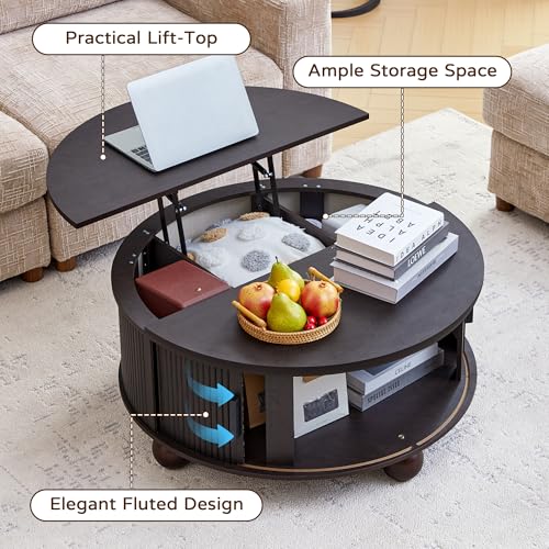 Image of Round Lift Top Coffee Table with Storage, Fluted Circle Coffee Table,Black