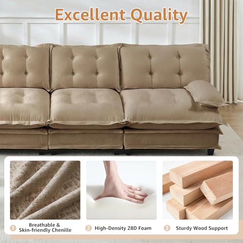 Image of 107 inch Sectional Couches for Living Room, Light Coffee 3 Seater Modern Chenille Deep Seat Sofa Set, Salas para Casa, High Back Cloud Couch Modular Sectional Sets