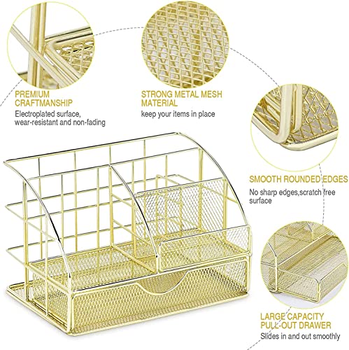 Image of iwilon Desk Organizer with Drawer | Metal Mesh Multipurpose 6 Compartment Storage Holder | Stationery, Makeup, Office Supplies Organizer (Gold) (22.3X15X14.9 CM)