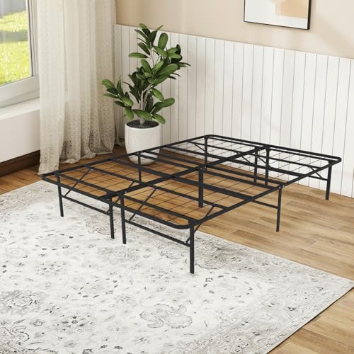 MAKE CHANGES 14 Inch Foldable Queen Size Bed Frame, Metal Platform, Noise-Free Steel Slat Support, No Box Spring Needed, Easy Assembly, Under Bed Storage