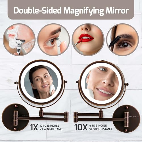 Image of OVENTE 7 inch Wall Mounted Lighted Makeup Mirror, Antique Bronze MFW70ABZ1X10X | Cordless Double Sided 1X /10X Magnifying Mirror for Bathroom with LED Lights, 360 Rotation, Extendable Arm, Battery Operated