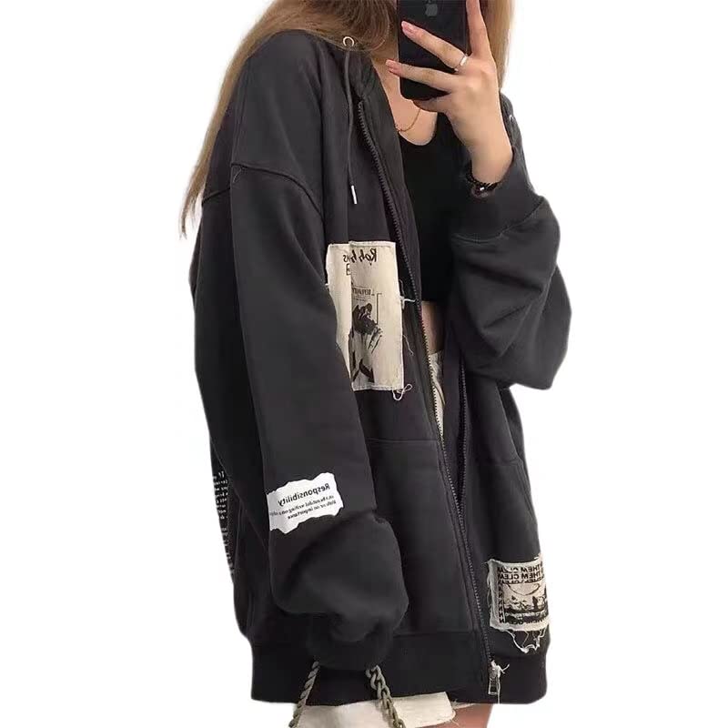 Women's Vintage Harajuku Gothic Y2K Zipper Hoodie Hip Hop Street Spring and Autumn Plus Size Loose Top Zipper Sweater Coat3