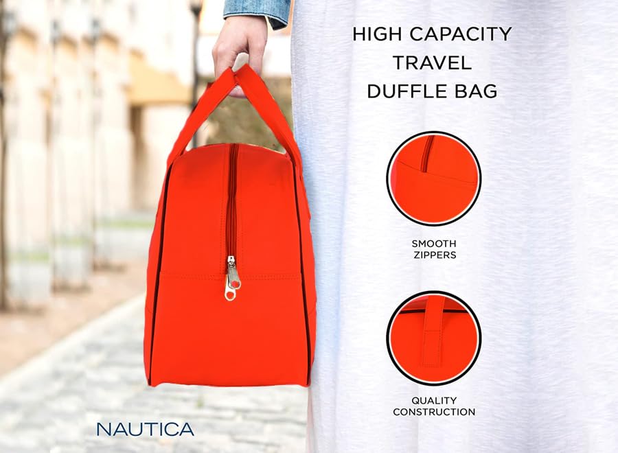 Image of Nautica Unisex 25L PU Duffle Bag for Travel | Stylish Leatherette Cabin Luggage with Smooth Zippers | Compact, Comfortable & Spacious for Weekend Trips, Gym & Everyday Use | RED