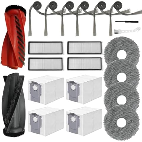 22 Pack Replacement Parts for Roborock Qrevo Curv/P20 Pro Vacuum Cleaner, 1 Set Main Brush, 4 HEPA Filter, 4 Mop Pad, 4 Dust Bag, 6 Side Brush,1 Cleaning Brush, 1 Screwdriver Cover