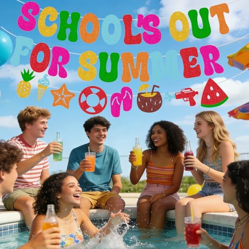Image of Pre-Strung School's Out for Summer Banner for Boys Girls Celebrate Last Day of School End of Term Holiday Party Decorations Supplies