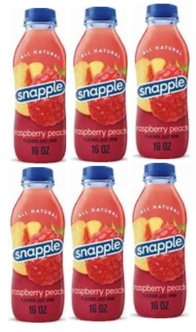 Snpple Raspberry Peach, 16 fl oz recycled plastic bottle, 6 pack
