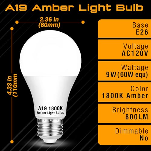 Image of A19 Amber Light Bulbs 1800K,9W Warm Light Bulb 800Lm, Blue Light Blocking | Orange Yellow Light Bulb 60 Watt Equivalent, E26 Base for Healthy Sleep, Bedroom, Porch, Patio Lighting, Non-Dimmable, 2 Pack