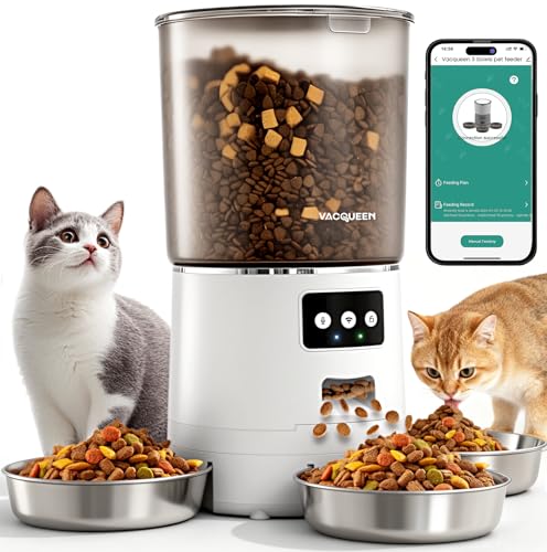 Vacqueen Automatic Cat Feeder for 3 Cats, 6L/25 Cups Smart WiFi Pet Feeder, Strong Anti-Jam System, Dual-Effect Desiccant Cat Food Dispenser, with 10S Voice Recorder for Cats and Small Dog(White)