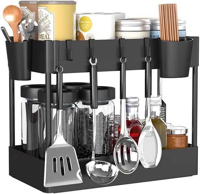 Miniatura 7 de Organizador debajo del fregadero, organizador de encimera de baño de 2 niveles con 4 ganchos, soporte de estante de almacenamiento multiusos para