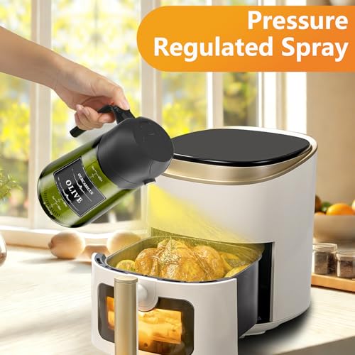 Image of Olive Oil Sprayer & Dispenser for Cooking, 16oz Dark Glass Oil Mister, 2PC | 2-in-1 Oil Sprayer & Pourer, Fine mist, Light-Blocking, Wide Mouth, Easy Refill & Clean, 8 Oil Labels, Reusable, with Scale
