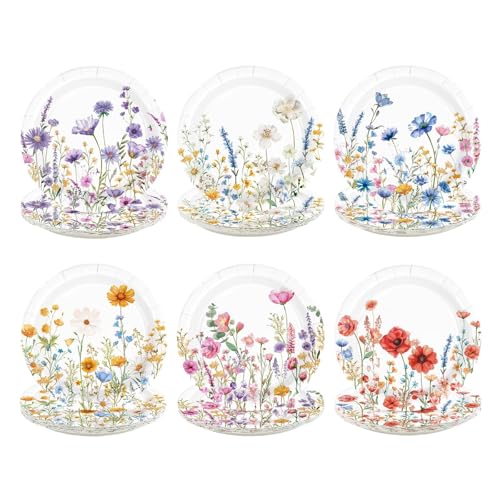 Image of 60Pcs Wildflower Paper Plates 7 inch for Wedding Birthday Party | Summer Floral Dessert Cake Paper Plates Disposable Spring Garden Flower Platters for Bridal Baby Shower Party Supplies