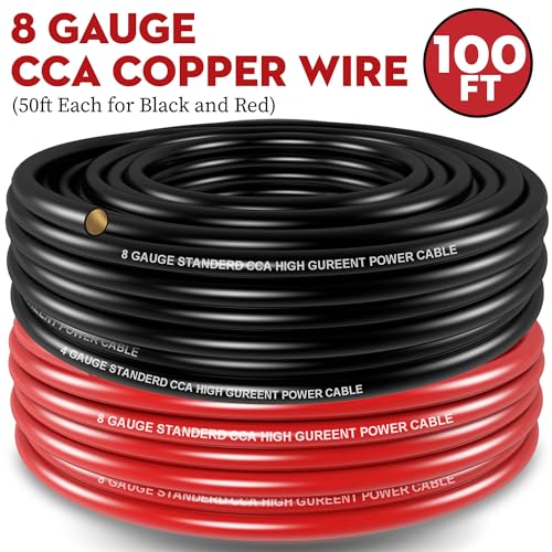 Taigoehua 100FT 8 Gauge Wire (50ft Each- Black/Red) Copper Clad Aluminum CAA- with 8ga Lugs,60A Fuse Holder and Heat Shrink Tube,Car Amplifier Power & Ground Cable
