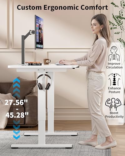 Image of Okin Electric Standing Desk, 40 x 24 Inches Whole Piece Height Adjustable Desk, White Sit to Stand Desks Computer Workstation with Wheels for Home Office