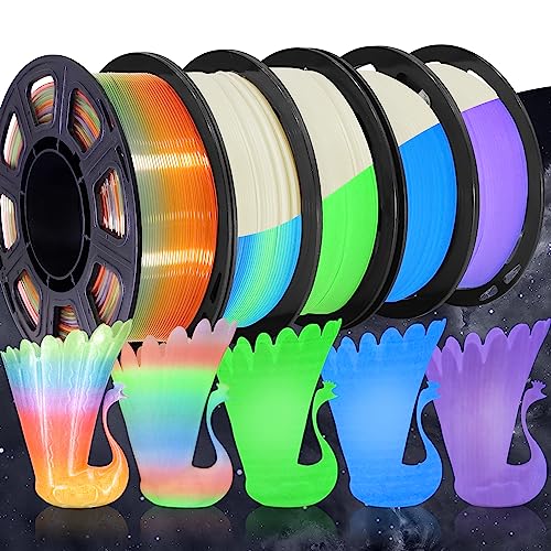 Image of TTYT3D PLA 3D Printer Filament 5 in 1 Bundle: Glow in Dark Green /Blue /Purple /Rainbow, One Spool Clear Multi Colored, Each Spool 250g, Total 1.25Kg 3D Printing Material, 250g x 5 Spools PLA
