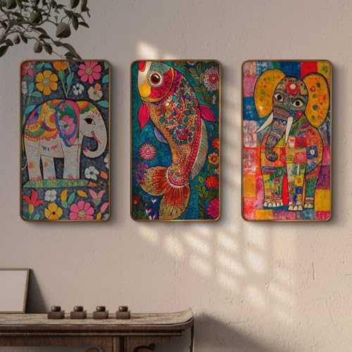 Image of Livin'luxe Set of 3 Golden PVC Framed Animal Wall Paintings | Elephant & Fish Abstract Colorful Wall Art Decor for Living Room, Bedroom & Kids Room | Modern Home Decoration Artwork 35 inch x 20 inch