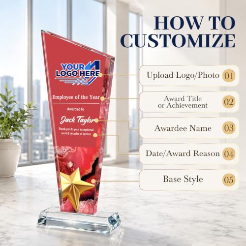 Image of Custom Crystal Trophy Award Personalized Plaque Award with Text Logo Photo Awards Trophies for Employee Recognition Team Graduation Personalized Office Gifts for Boss Coworker Teacher