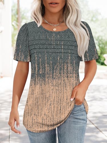 Womens T Shirts Short Sleeve Tops Dressy Casual Blouses Spring Summer Outfits Flowy Pleated Front Scooped Neck