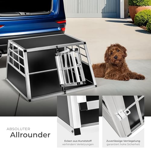 tectake® Hundebox Auto oder Hundebox für Zuhause. Aluminium Doppel Hundetransportbox, leicht und stabil, Auto Kofferraum Transportbox für bis zu 2 Hunde - 89 x 69 x 50 cm