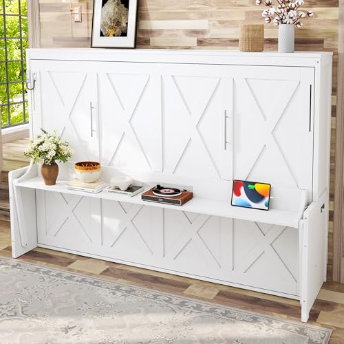 Image of KEIKI Queen Size Horizontal Cabinet Murphy Bed with Desk, Solid Slat, White | Foldable Hideaway Wall Bed Frame with USB Charging Station, No Box Spring Needed, Easy Assembly, for Bedroom, Guest Room
