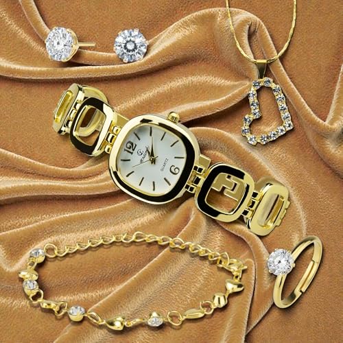 Juego de regalo para mujer con reloj de oro y pendientes de cristal 5