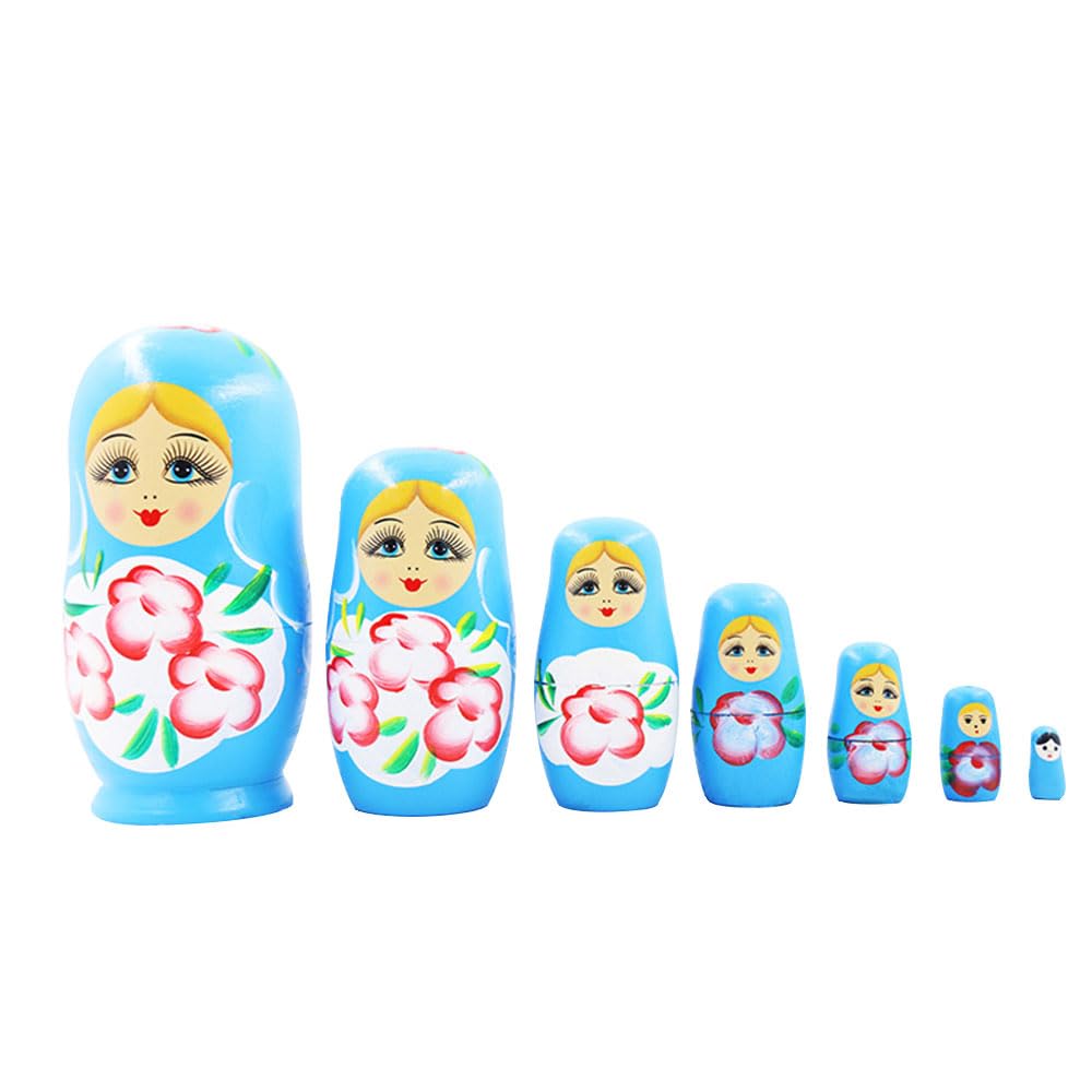 JZS Russian Nesting Dolls Matryoshka Wood Stacking Nested Set 7 Pieces Handmade Toys for Children Kids Christmas Mother's Day Birthday Home Room Decoration Halloween Wishing Gift,Blue