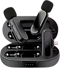 Microfone Lapela Duplo 2 Peças Sem Fio Profissional Gravação Premium Redução de Ruído Compatível Com Android Iphone 15 Stories Vlog YouTube TikTok (USB Tipo-C)