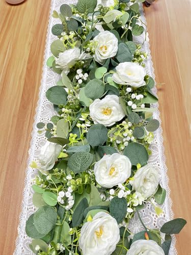 Aoztio Lot de 2 Guirlande Fleurs Artificielles 3.6M, Fleur Artificielle avec Rose Blanche et Eucalyptus pour Décoration de Mariage, Intérieur, Extérieur et Mur