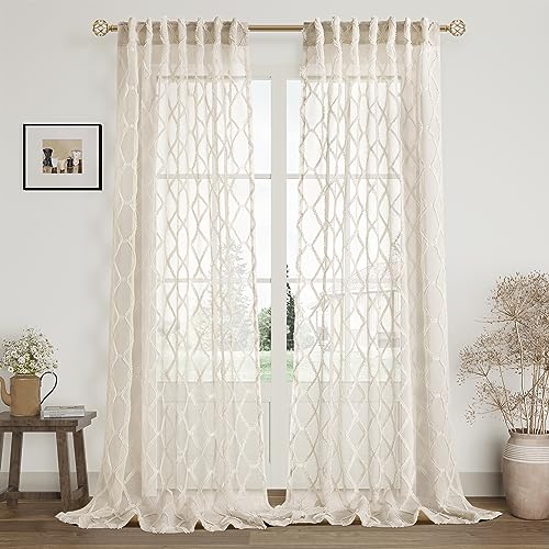 Hokibero Beige Sheer Curtains 95 Inches Long for Living Room 2 Panels Back Tab Pocket Boho Farmhouse Geometric Embroidered Pattern Taupe Tan Curtain Drapes Rustic Bedroom Decor 52x95