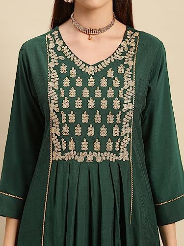 Image of rangita Green Viscose Blend Calf Length Embroidered Flared Kurti for Women | Kurta for Women