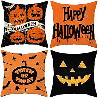 Bigqin 4 Set Halloween Throw Pillow Cushion Cover 45*45 cm, Pillow Case Square Cushion Protector Invisible Zipper for Sofa Bedroom Living Room Home Decoration,Black Orange, 18"