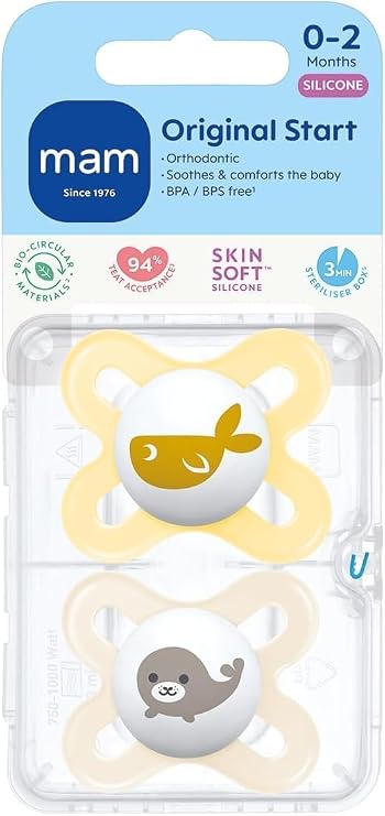 MAM Original Start Dummies, 0-2M, 2 Pack, Orthodontic Design, Cream/Yellow