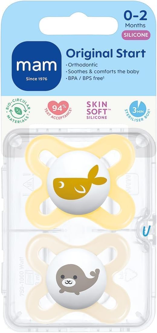 MAM Original Start Soothers | 0-2 Months | 2 Pack | Newborn Dummies | Comes in Dummy Steriliser Case | Sustainable Materials | Baby Accessories for Newborn | Buttercup/Cream (Various Designs) - 3