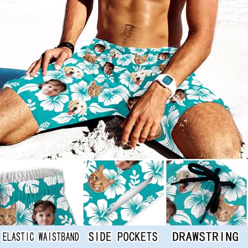 Personalized Swim Trunks for Men with Face, Custom Floral Hawaiian Beach Shorts Customized Pool Party Gifts for Him4