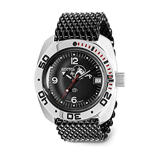 VOSTOK | Scuba Dude Amphibian Automatic Self-Winding Russian Diver Wrist Watch | WR 200 m |Fashion | Business | Casual Men's Watches | Model 710634 Black Mesh Bracelet