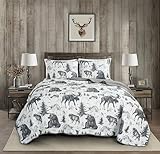 Chezmoi Collection Denver 3-Piece Southwestern Lodge Quilt Set King - White Black Gray Grizzly Bear Wolves Moose Pine Tree Mountain Printed Microfiber Lightweight Bedspread Set for All Season